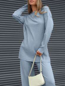 EURMUSE 100% Cotton 2pcs/Set Women's Solid Color Round Neck Long Sleeve Casual Top And Pants Set - Baby Blue - View 4