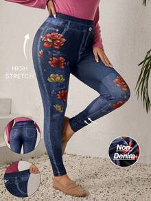 EMERY ROSE 大码女装秋/初春休闲时尚度假印花高弹力仿牛仔印花打底裤，外出穿着，2026新款，简约时尚，适合日常穿着，印花打底裤，适合度假、节日、春季、情人节等场合。 - 彩色 - 查看 3