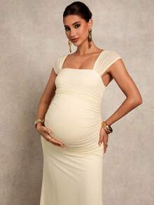 MaterniChic 孕妇纯色方领褶皱修身鱼尾下摆优雅连衣裙 - 杏色 - 查看 3