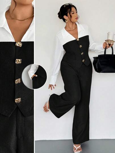 Firerie Plus Size Apricot Imitation Linen Patchwork Shirt And Loose Straight Suit Pants Two Pieces Set, Casual And Elegant, Suitable For Commuting, Teaching, Back To School, Business Casual Office Wear Black Pants Suit Women Pant Suit Set Plus Black And White Jumpsuit For Women 2 Piece Sets Woman Classy Office Outfits For Women Set