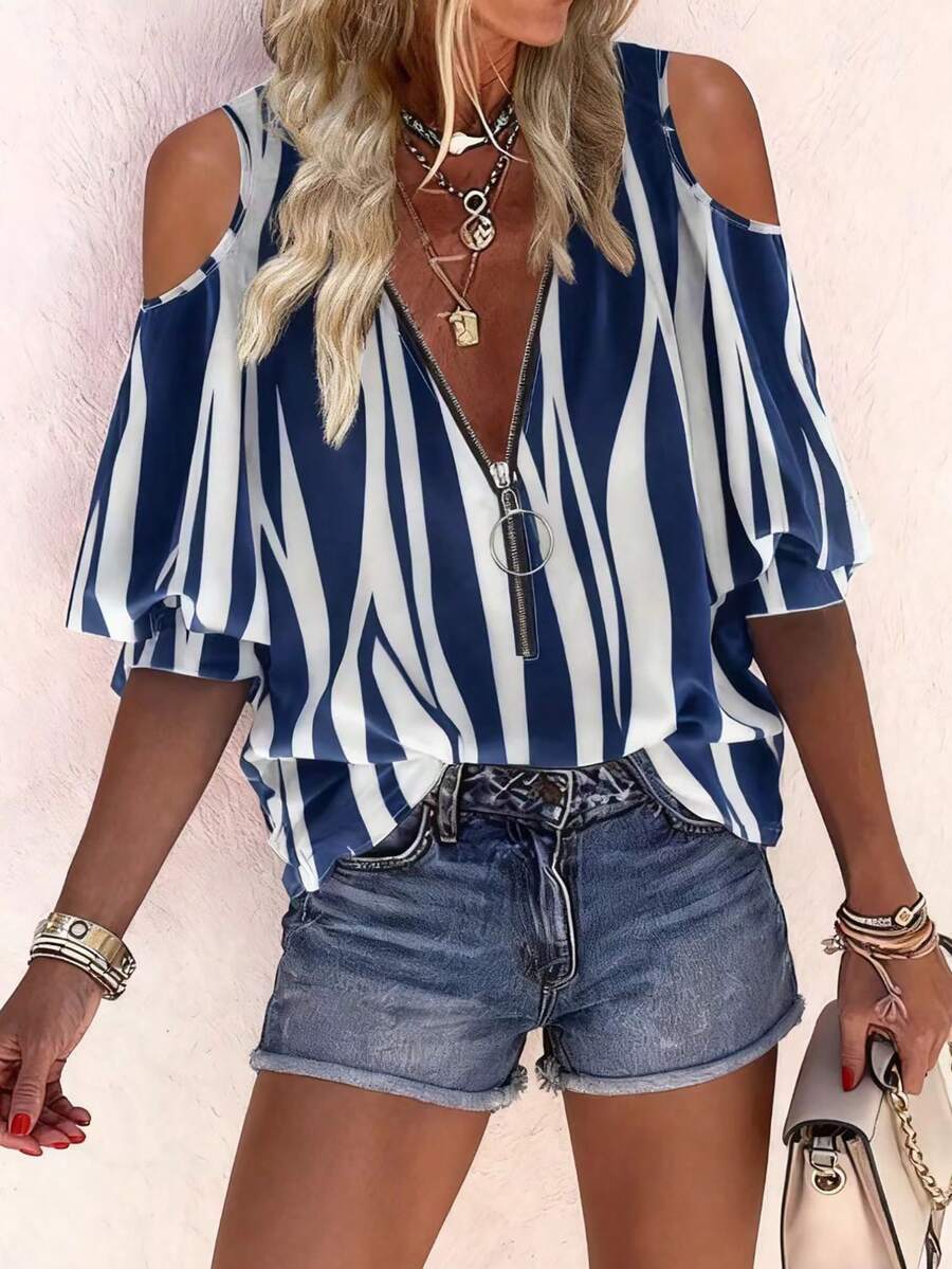 Breezaya Vacation Style Open Shoulder Color-Blocked Printed Blouse For Leisure - Blue - View 1