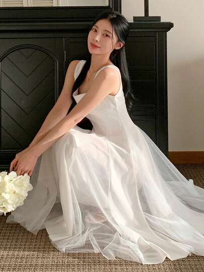 DAZY Women's Spaghetti Strap Bodycon Mesh Puff Midi Dress