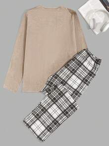 RueChic Men's Comfortable Casual Printed Long Sleeve T-Shirt And Plaid Pajama Pants Set - Beige - View 2