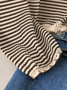CosyJoli Plus Size Women Crew Neck Striped T-Shirt With Tassel Hem Design, Casual All-Match Versatile Tee Spring - Grey - View 4