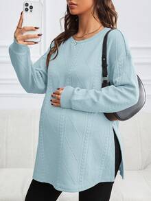 SHEIN Áo nỉ xẻ tà màu trơn đơn giản thời trang mùa thu cho bà bầu - Màu xanh nhạt - Xem 3