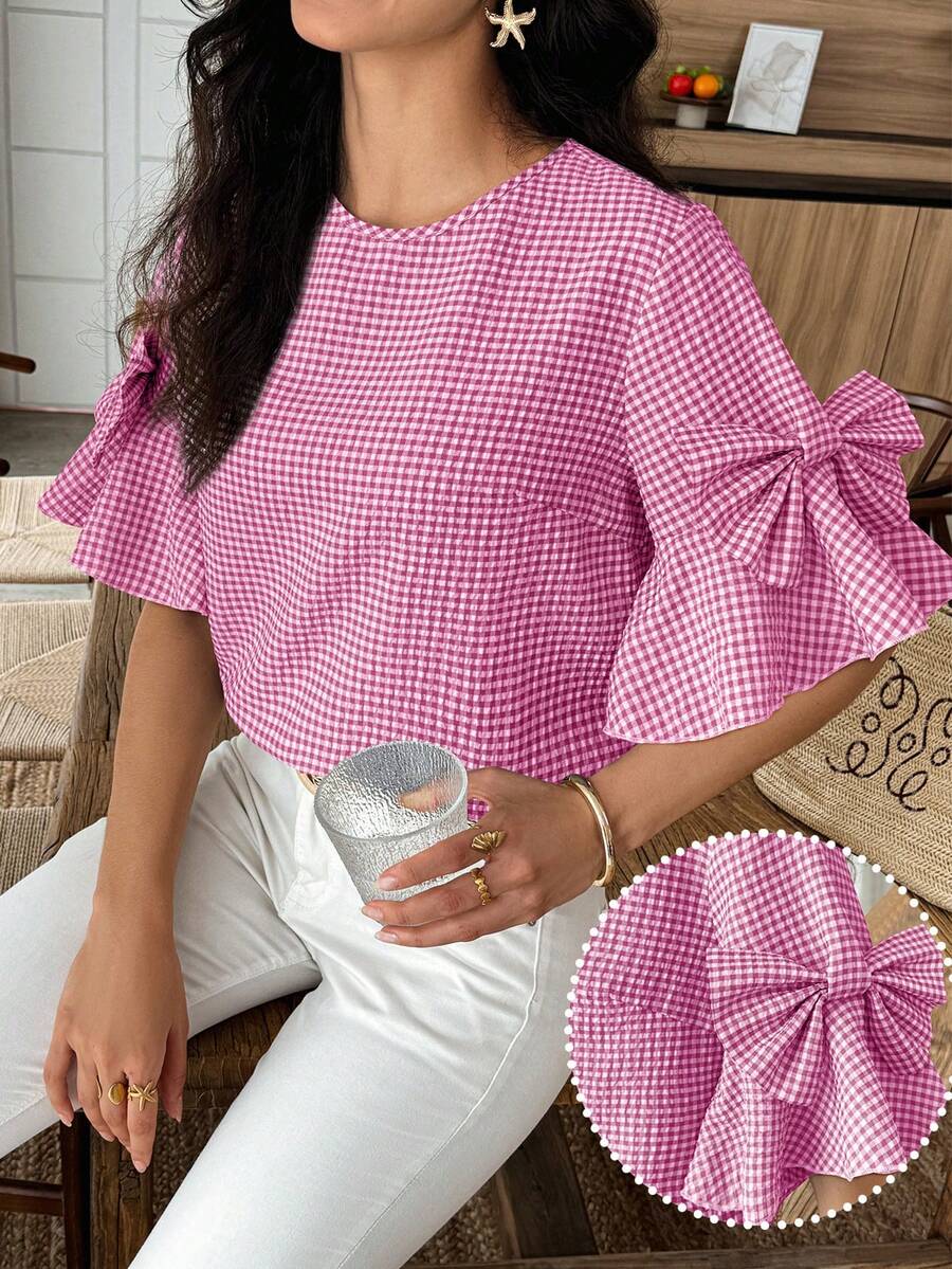 Elouméa 女士格子圆领蝴蝶结装饰喇叭袖时尚衬衫 - 玫紅色 - 查看 1