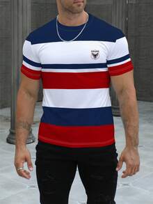 Manfinity Dauomo Men's T-Shirt With Contrast Stripe, Business Casual Street Style Mature Man Eagle Graphic Print Short Sleeve T-Shirt - Multicolor - View 3