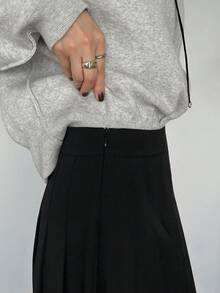 FRIFUL 女士黑色A字褶裥中长裙，学院风，夏季服装 - 黑色 - 查看 2