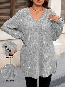 EMERY ROSE Plus Size Women's Solid Color Ribbed Powder Splatter Fashion Elegant Versatile Long Sleeve V-Neck Button Decor Casual Comfortable T-Shirt Top - Light Grey - View 1
