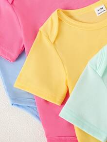 SHEIN Playful Pals 5件套女婴柔软舒适圆领纯色糖果连体衣，时尚休闲日常穿着，易于穿脱，短袖短裤款式，春夏款 - 彩色 - 查看 8