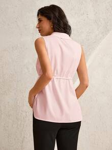 MaterniWear Maternity Casual Solid Color Front Button Lapel Tank Top, Summer - Pink - View 2