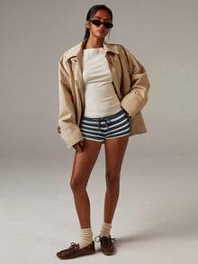 Athîral 女士休闲条纹系带短裤，适合夏季日常穿着 - 灰色 - 查看 5