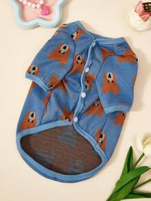 PETSIN 1件宠物猫狗通用蓝色小熊可爱图案针织提花开襟裙装外套保暖舒适狗狗毛衣外套 - 藍色 - 查看 7