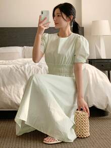 DAZY 女士圆领收腰宽松A字中长连衣裙 夏季 - 綠色 - 查看 2
