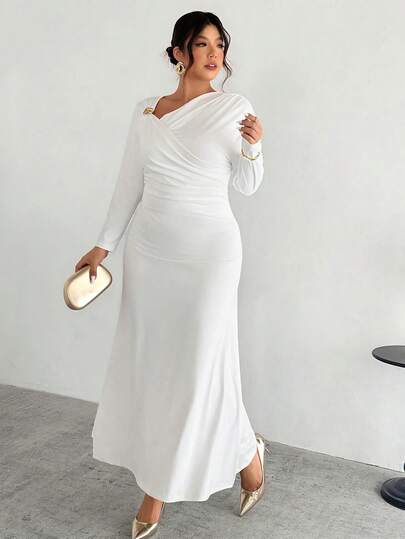 Firerie Plus Size Women's New Elegant Asymmetric Shoulder Long Sleeve Wrap Dress With Metal Decor, Ruched Waist Bodycon Dress, Suitable For Commuting, Autumn, Back To School Modest White Dress Wedding White Classy Dress