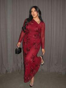 Firerie 大码女式优雅简约时尚基础款日常穿搭ins风通勤时尚达人音乐节刺绣弹力网纱不规则领口褶皱修身长袖连衣裙 - 紅色 - 查看 3