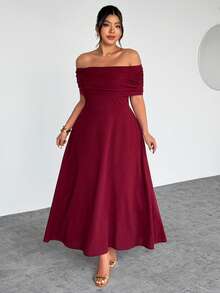 Firerie Plus Size Women's Elegant Minimalist Chic Romantic Fashion Sexy Vacation & Work Occasion Off Shoulder High Waist A-Line Maxi Dress, Spring/Summer Plus Size Dresses Burgundy Sexy Plus Size Dress Off Shoulder Dress Curve Off The Shoulder Plus Size Dress - Burgundy - View 4