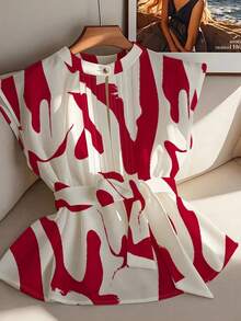 Franclia Petite Women's Mandarin Collar Printed Vacation Short Sleeve Blouse - Multicolor - View 1