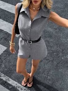 Siren Gaze Bộ áo liền quần nữ mùa hè kiểu dáng thường ngày, cài cúc nửa thân, không tay, thích hợp đi làm. - Xám - Xem 3