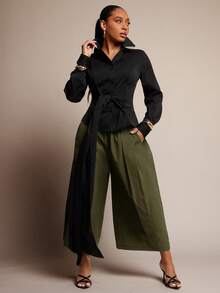 Vixey Elastic Waistband Panel Detail Culotte Office Pants - Olive Green - View 3