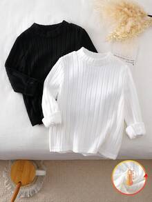 女童打底衫 - 两件套罗纹圆领长袖套头衫 黑白经典修身保暖层 柔软弹力舒适 日常休闲 假日派对 秋冬 2026 必备童装 保暖舒适 - 彩色 - 查看 1