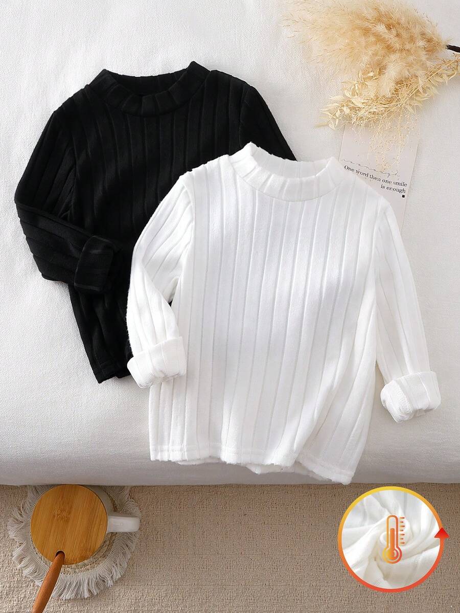 女童打底衫 - 两件套罗纹圆领长袖套头衫 黑白经典修身保暖层 柔软弹力舒适 日常休闲 假日派对 秋冬 2026 必备童装 保暖舒适 - 彩色 - 查看 1
