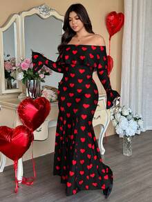 Vionelle Đầm dài tay trễ vai kiểu Pháp thanh lịch dành cho nữ cỡ lớn, thắt eo, in hình trái tim, thích hợp cho ngày Valentine. - màu đen - Xem 5