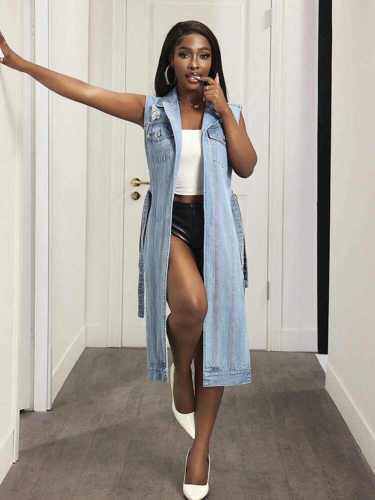 Slaydiva Women's Distressed Denim Sleeveless Casual Jacket Denim Vest Dress  Long Denim Vest Sleeveless Denim Dress Denim Maxi Vest Distressed Denim Vest  | SHEIN Singapore