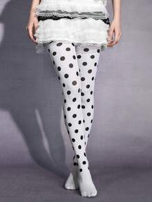 ROMWE Kawaii 1双女士银色爱心图案连裤袜，简约时尚休闲风，四季皆宜，日常穿着 - 黑與白 - 查看 4