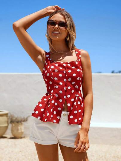 Vivid Eden Women's Casual Polka Dot Print Camisole, Summer,Spring To Summer,Waist Single Breasted Polka Dot Spring/Summer Tank Top,Vacation,Vacation Style,For Beach Vacation,Elegant Polka Dot Square Collar Halter Neck Top For Women, Spring/Summer,Women's Summer Beach Vacation Polka Dot Print Twist Front Babydoll Cami Top