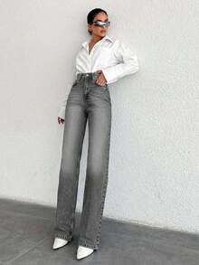 SHEIN Tall Quần jean ống đứng cạp cao thường ngày - Màu Xám nhạt - Xem 6