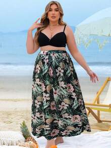 Swim Vcay Plus Size 3pcs Padded Ruched Printed Swimsuit Set, Beach Vacation Style - Multicolor - View 1