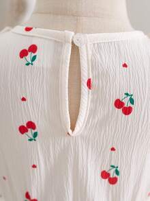 SHEIN 1件女婴可爱樱桃印花蝴蝶结连衣裙，韩版甜美风格，质感面料，喇叭袖，腰部系带，适合日常穿着、度假或派对，春夏款 - 彩色 - 查看 6