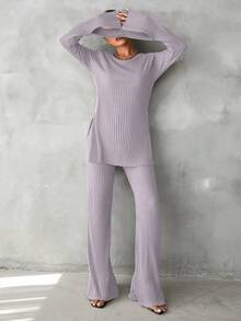 EURMUSE Cotton Solid Split Hem Tee & Flare Leg Pants - Lilac Purple - View 4