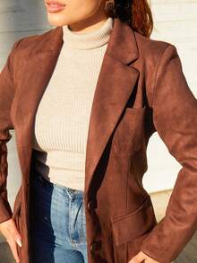 Lupita Cardoza 仿麂皮多口袋长袖优雅西装外套 - 棕色 - 查看 5