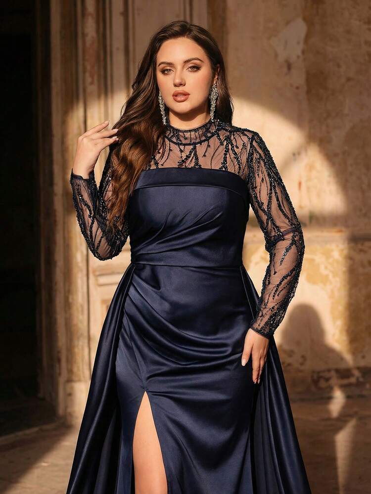 Glamrae فستان سهرة أنيق رومانسي كبير الحجم بياقة عالية مرصع بالترتر، بتصميم شبكي متباين، بأكمام طويلة، بخصر مطوي، وذيل بتصميم ذيل السمكة المزين بشكل كثيف - أزرق بحري - مشاهدة 2
