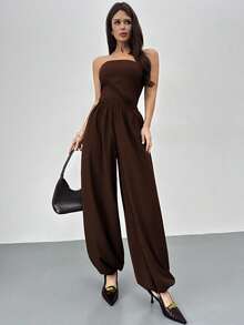 Firerie Women's New Elegant Minimalist Daily Casual Commute Home Woven Pants, Brown Solid Mid-Waist Elastic Waistband Loose Tapered Leg Lantern Pants, Brown Trousers - Brown - View 1