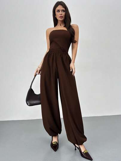 Firerie Women's New Elegant Minimalist Daily Casual Commute Home Woven Pants, Brown Solid Mid-Waist Elastic Waistband Loose Tapered Leg Lantern Pants, Brown Trousers