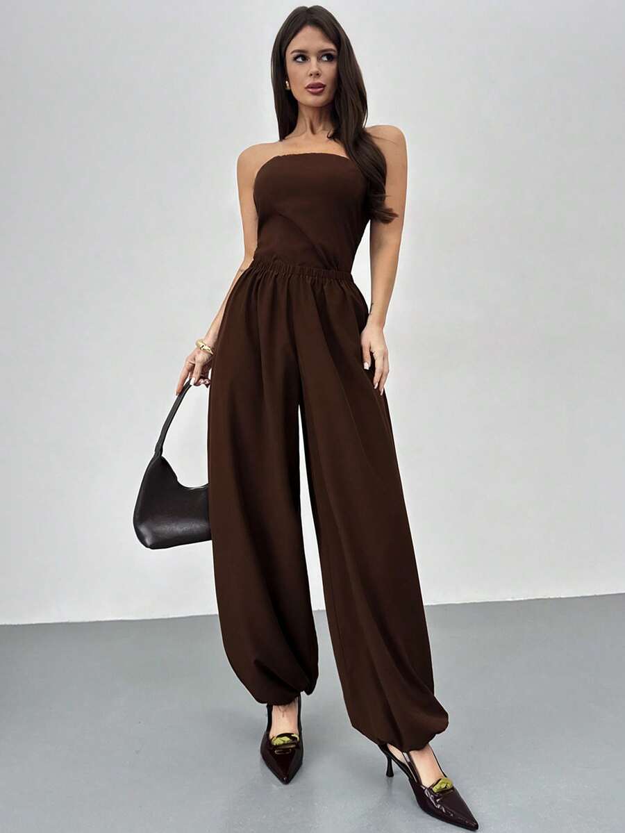 Firerie Women's New Elegant Minimalist Daily Casual Commute Home Woven Pants, Brown Solid Mid-Waist Elastic Waistband Loose Tapered Leg Lantern Pants, Brown Trousers - Brown - View 1