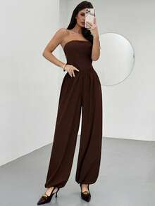 Firerie Women's New Elegant Minimalist Daily Casual Commute Home Woven Pants, Brown Solid Mid-Waist Elastic Waistband Loose Tapered Leg Lantern Pants, Brown Trousers - Brown - View 4