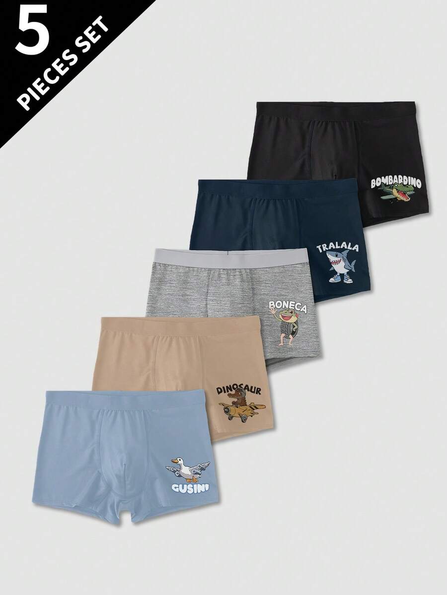 Tween Boys Trunks-5 Pack Boxer Briefs Cartoon Dinosaur Plane Print Assorted Colors Elastic Waistband Soft Stretch Breathable Everyday Underwear Four Seasons Holiday 2026 New Year Essential Comfortable Durable Machine Washable Premium Fit Tagless - Multicolor - View 1