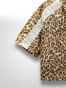 NEON BLANC Men's Leopard & Striped Patchwork Single-Breasted Casual Shirt Men's Animal Print Shirt Leopard Shirt - Brown - View 4