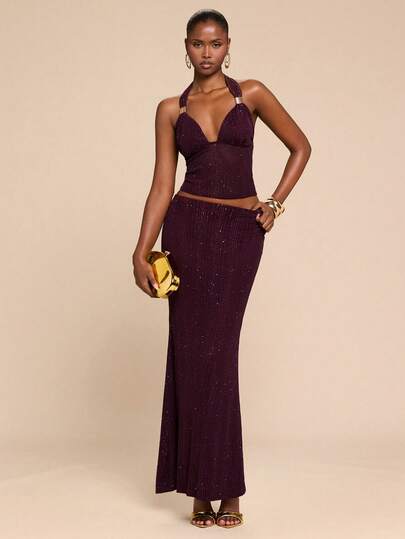 SHEIN BAE Women's Purple Metallic Buckle Decor Halter Neck Tie Top & Mid-Low Waist Fishtail Skirt, Elegant 2-Piece Set,,Summer Outfits,Valentine's Day ,Beach Set,Party Outfit,Purple Suit,Vacation Outfits For Women,Sequin Suit