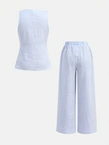 Firerie Kids Firerie Kids 少女春夏新款休闲度假通勤街头时尚蓝白条纹纽扣前开襟无袖背心上衣和直筒裤套装 - 藍白色 - 查看 2