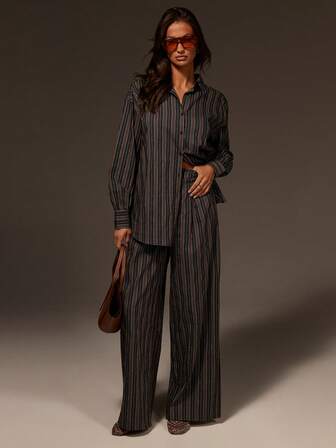 Athîral Women's Casual Black And Brown Striped Shirt And Shorts Two-Piece Set, Loose Fit, Striped Suit, Comfortable And Soft Woven Fabric, Suitable For Both Lounging At Home And Wearing Out,Casual Women Outfits,Home Set,Casual Outfit For Women,Vacation Outfits Women