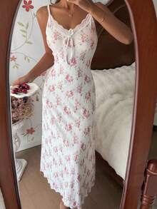 Dream Adore 镂空露背玫瑰印花撞色蕾丝女士长款睡裙 - 白色 - 查看 3