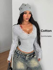 Coolane Women's Spring/Summer Streetwear Casual Daily Wear Y2K Lace Cotton Stretchy Comfortable French Grey Slim Fit Long Sleeve V-Neck Tops - Grey - View 3