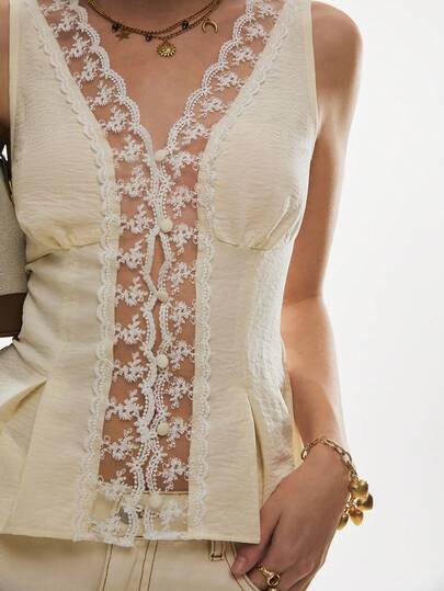 Poéselle Elegant Sleeveless Lace Trim Tank Top In Light Yellow,Cream Lace Deep V Neck Sheer Top - Romantic Sleeveless Camisole Blouse With Floral Details,French Style Top,Sleeveless Embroidered Blouse For Summer, Cottagecore & Vacation Outfits