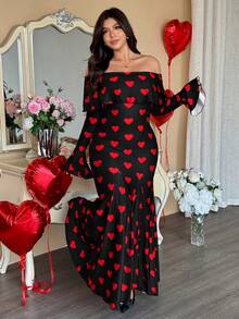 Vionelle Đầm dài tay trễ vai kiểu Pháp thanh lịch dành cho nữ cỡ lớn, thắt eo, in hình trái tim, thích hợp cho ngày Valentine. - màu đen - Xem 4