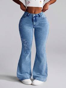 Slaydiva Quần jeans ống loe thêu giặt thường ngày cỡ lớn - Xanh đậm - Xem 5